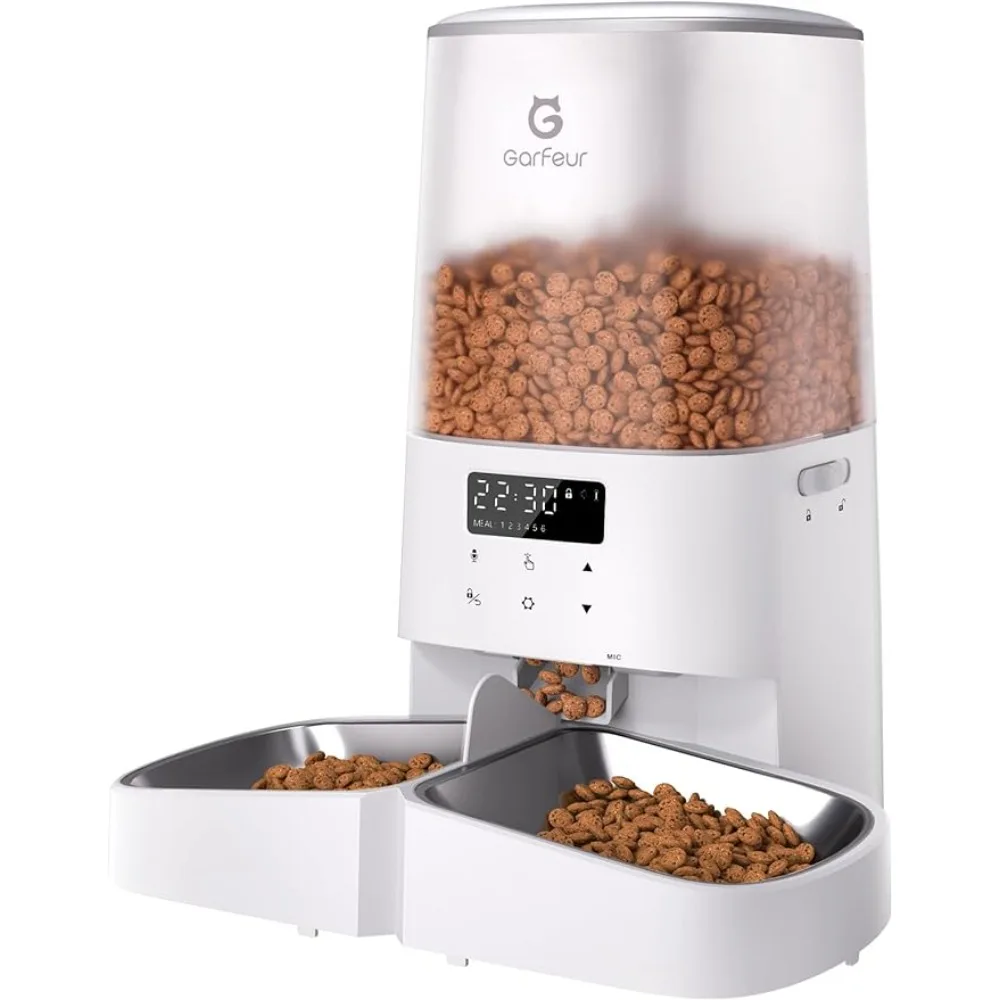 Automatic Cat Food Dispenser 2 Cats, 5L Automatic Cat Feeder, 48 Portions 6 Meals Per Day, Memory Function, 10s Meal Call, Timed