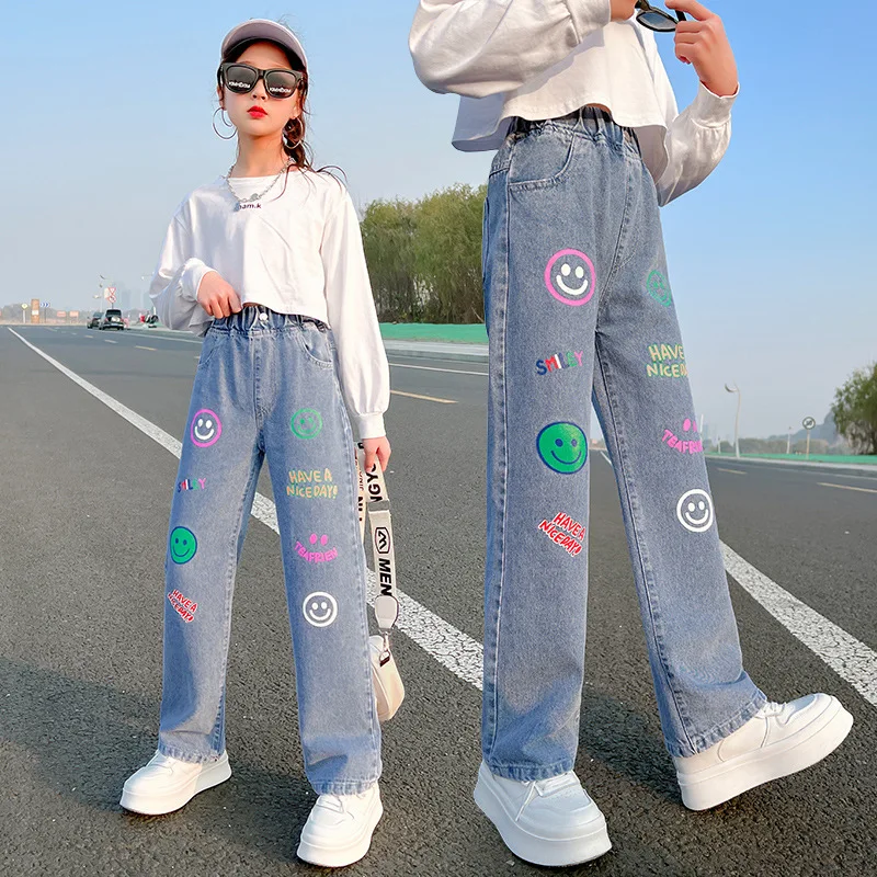 New Girls Jeans Wide Leg pants Straight Cotton Children Ripped Jeans Loose Denim Trousers Fashion Kid Big Girls Clothing