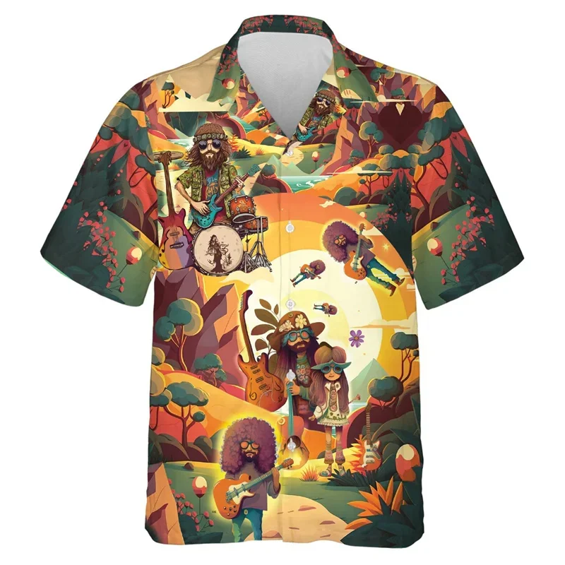 Camisa hawaiana con gráfico de música Hippie para hombre, blusa con estampado 3D de instrumento Musical, informal de calle, manga corta, camisetas Aloha, Tops de solapa