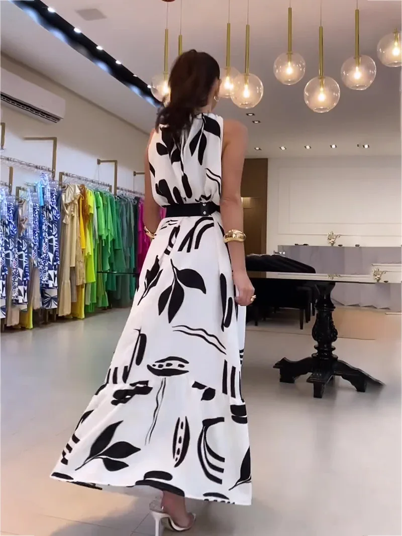 Women Vestidos Pullover Ankle Length Dress O Neck Sleeveless Loose Fit Spliced Sashes Printing Casual Dresses A Line 2024