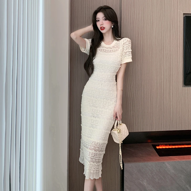 Fashion Summer Solid Lace Bodycon Dress France High Quality Women O Neck Short Sleeve Ruffles Ladies Office Pencil Midi Vestidos