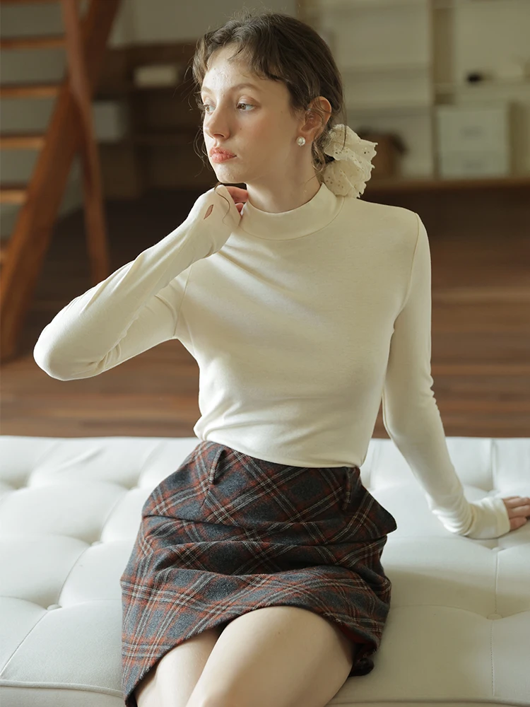 

Женская трикотажная футболка из ацетатной шерсти с длинным рукавом, весенняя, с высоким воротником, облегающая, универсальный топ для повседневной носки