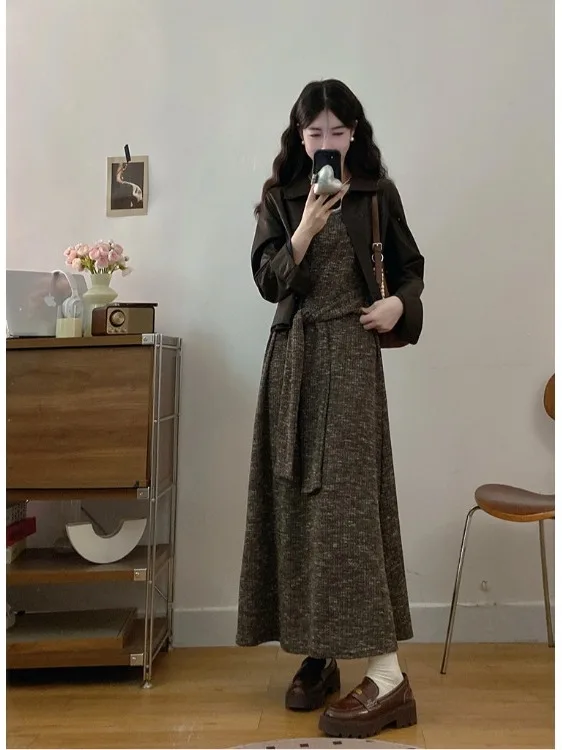 

plus Size Retro Suit Autumn New Design Sense Leather Jacket Waist Cinching Slimming Belted Strap Dress Fashionable Two-Piece Set