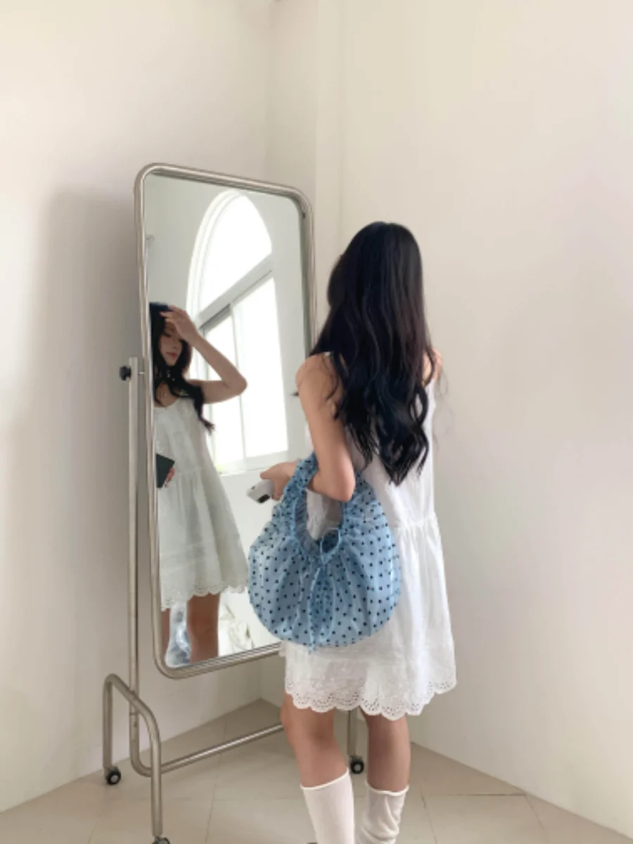 Sweet Korean Romantic Lolita Girls Bag Mesh Pleated Blue Elegant Polka Dot Creative Drawstring Casual Dating Cute Handbag