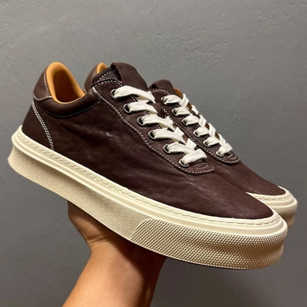 QHCCID Men's Breathable Genuine Leather round Toe Casual Shoes Solid Color Platform LaceUp Sneakers Versatile Cowhide Daily Wear