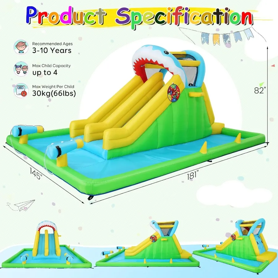 Opblaasbaar waterbouncehuis voor 3-12 jaar Shark Attack Fun Zone 8in1 speelset met dubbele waterglijbanen Ballenbak en games Ultima