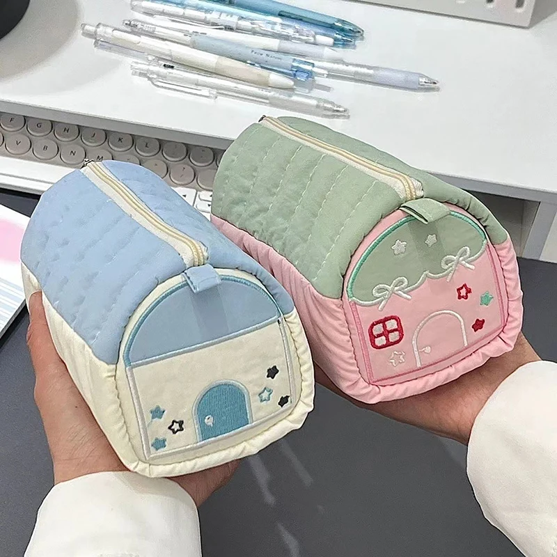 1PC Multi Functional Embroidery Stationery Box Large Capacity Pen Bag Simple Stationery House Pencil Case Cotton Pen Storage Bag