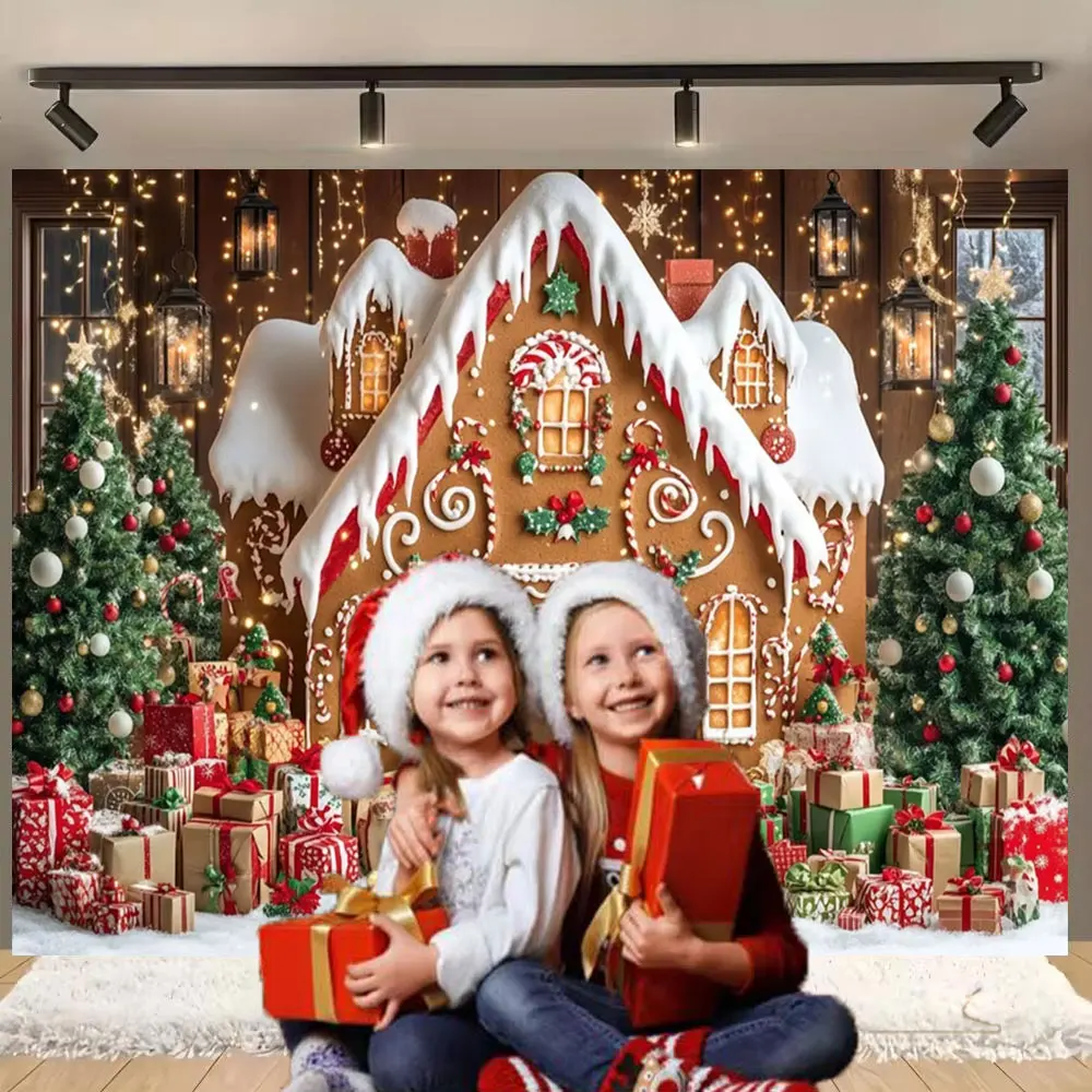 Christmas Party Snowy Gingerbread House Photography Background Glitter Xmas Tree Lantern Gift Booth Kid Winter Birthday Portrait