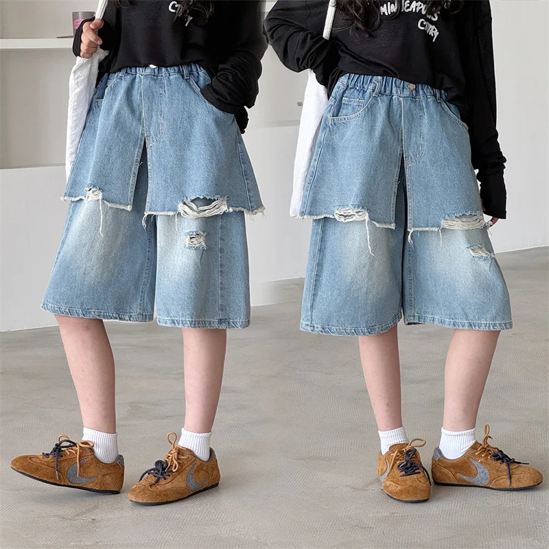 

New Fashion Kids Children's Knee-Length Denim Shorts with Curtain for Teenage Girls Loose Casual Hole Rippped Short Jeans Pants