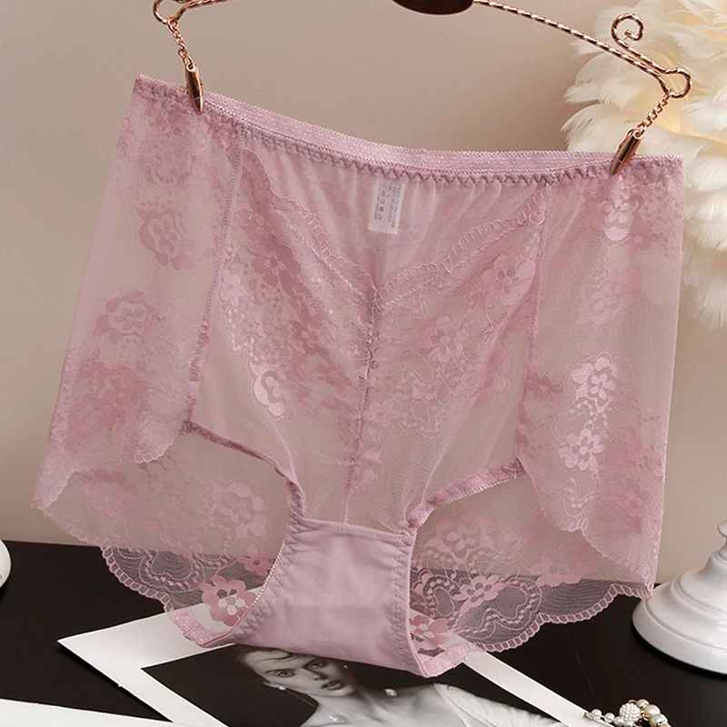 Sexy Lace Panties Women Large Size High Elastic Mesh Breathable Seamless Underwear Mid Waist Cotton Crotch Transparent Brief C49