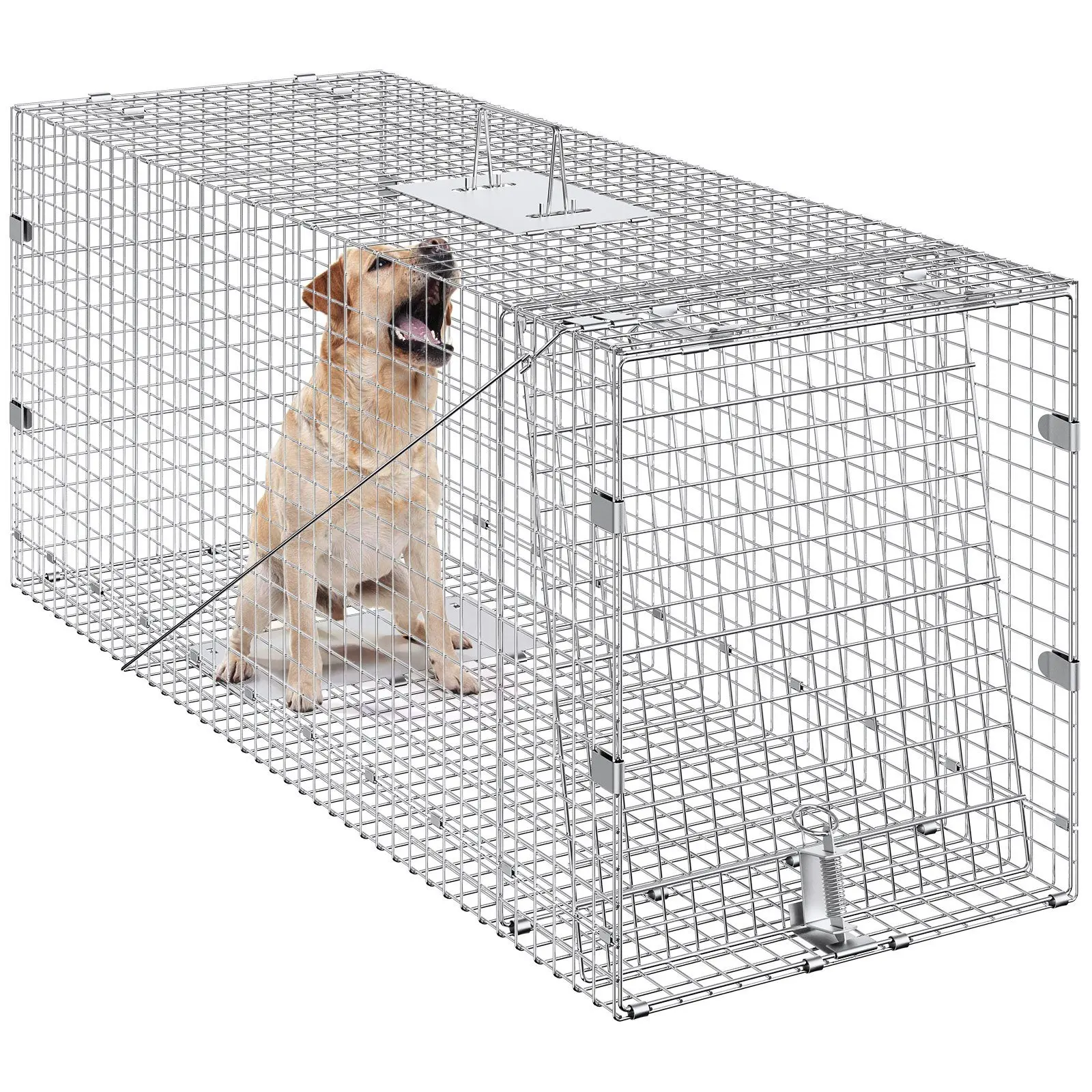 

Live Animal Cage Trap, 42" x 16" x 18" Humane Cat Trap Galvanized Iron, Folding Animal Trap with Handle for Stray Dogs, Armadill