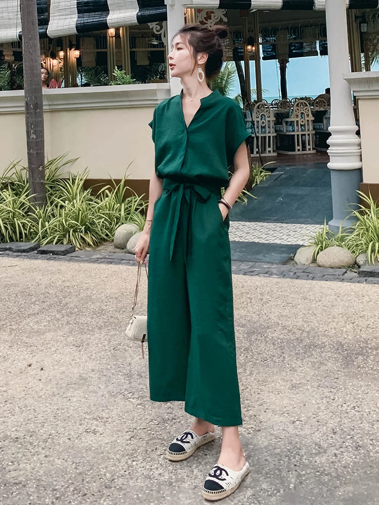 

Ele Casual een Onesie Women's Summer Thin Wide Leg Jumpsuit Set High Waist Korean Sle Commute Wind ket Detail