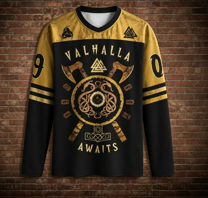 Valhalla Awaits Viking Long Sleeve  Honor Till Death Skull Axe Norse Rune 3D All‑Over Print V‑Neck Mesh Pullover Streetwear Tops