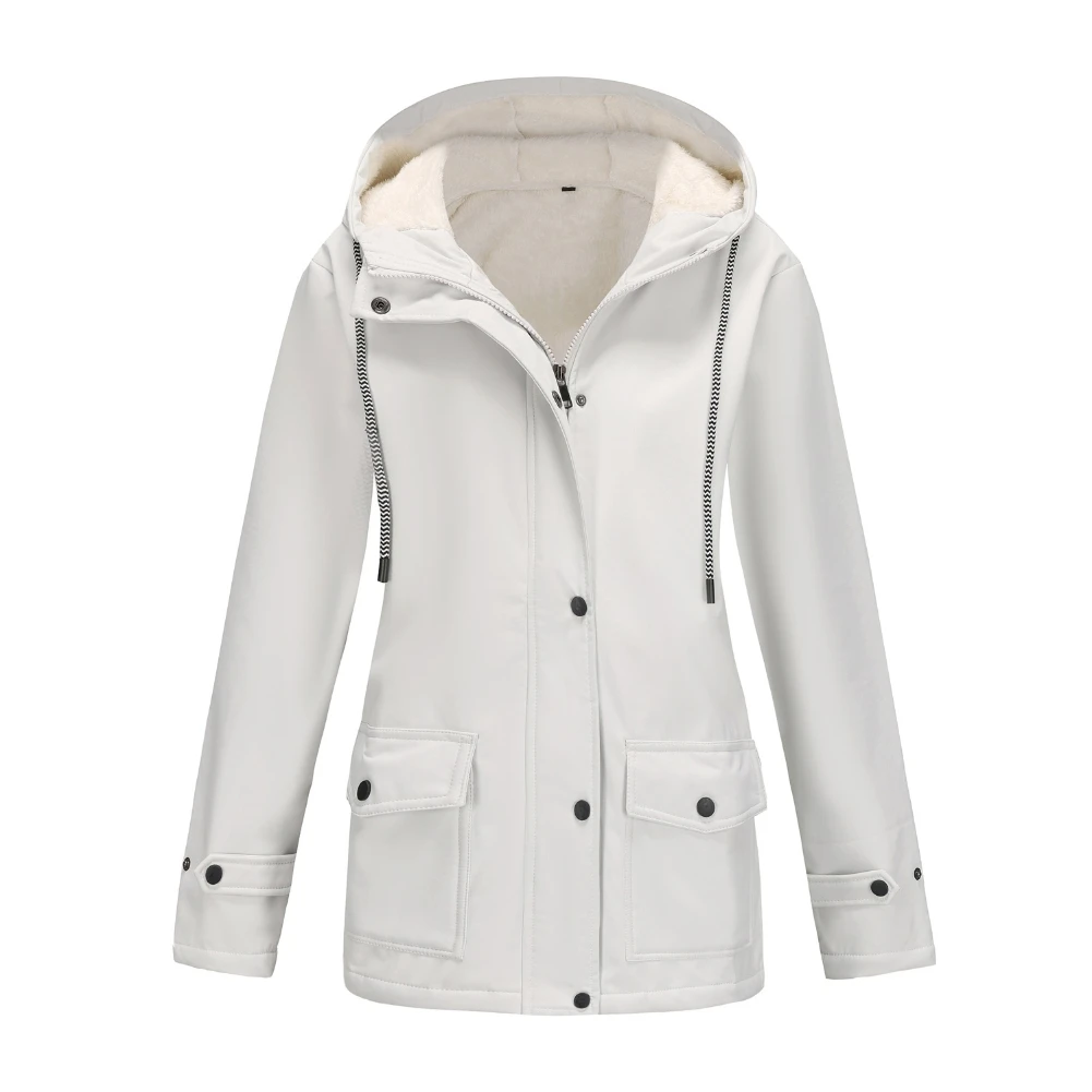 Women Drawstring Waist Hooded Jacket Fleece Lined Multi Pocket Windproof Thick Warm Coat for Holiday Office Travel