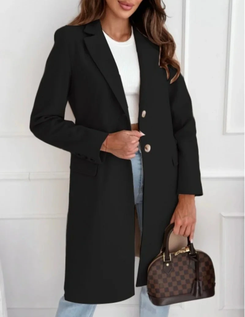 

Amazon wish popular autumn and winter simple solid colour medium and long button tweed coat women