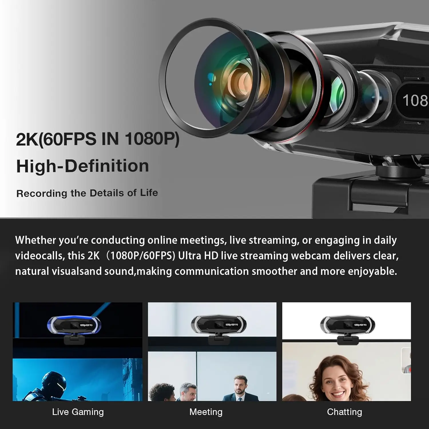 60FPS Streaming Camera|Smooth Video,Autofocus,Privacy Cover|Plug&Play USB Webcam W/Free Type-C Adapter for Gaming,Conference,Cal