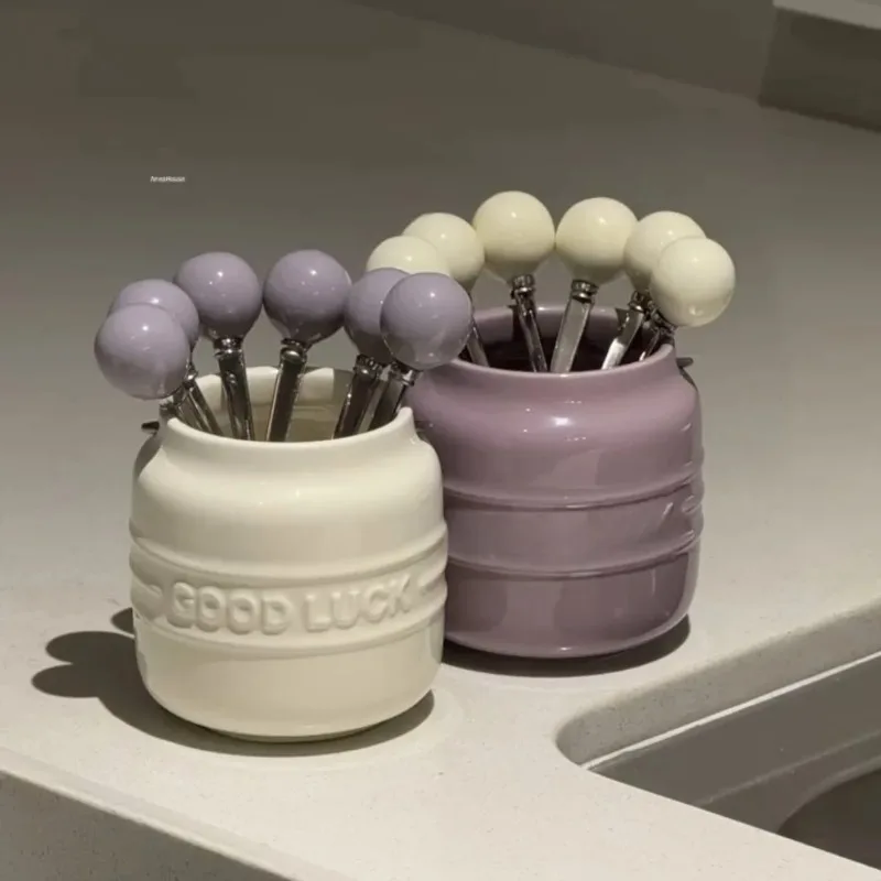 6PCS Ceramic Storage Jar And 304 Stainless Steel Fruit Fork In Various Colors Dessert Fruit Fork Household Reusable Tableware