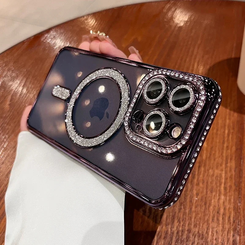 Luxury Glitter Magsafe Phone Case For IPhone 11 12 13 14 15 16 Pro Max Plus Transparent Magnetic Bumper Diamond Cover Ca