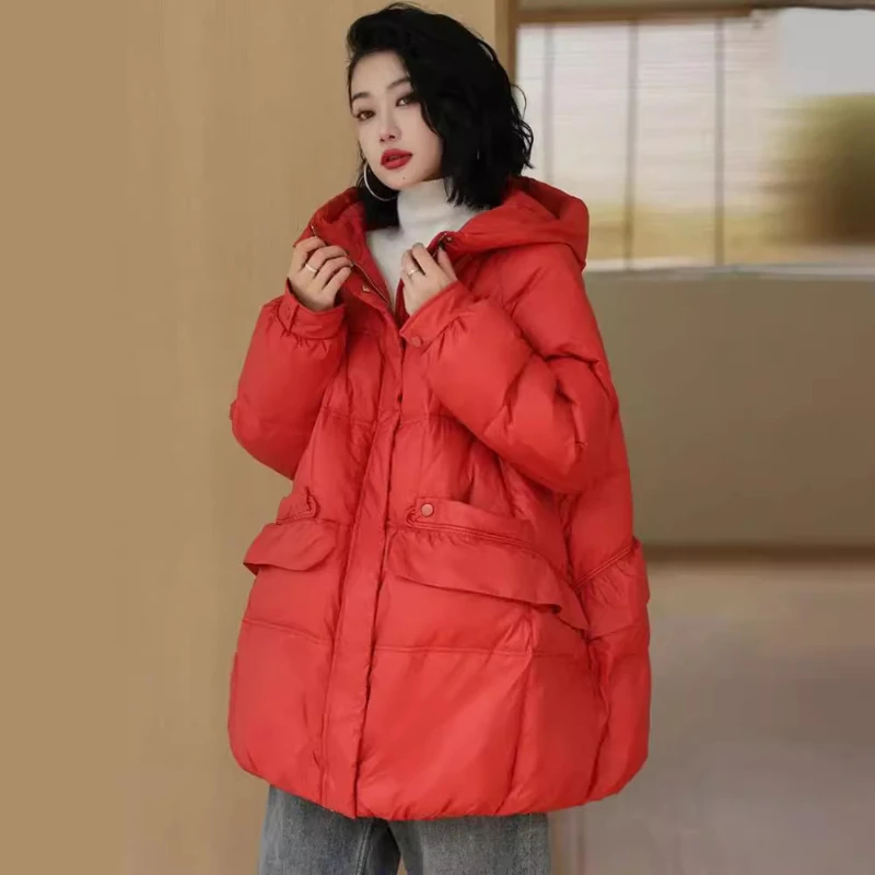 Hooded Duck Down Jacket for Women, Thickened Warm Jacket, Leisure Coat, Pocket Coat, Fashion, New, Winter, 2024