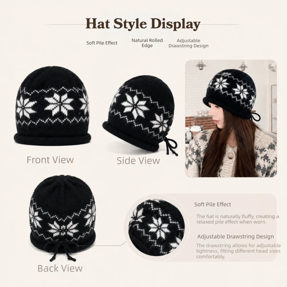 Fashion Drawstring Knitted Hat Snowflake Printed Keep Warm Skullies Cap Winter Hat Autumn