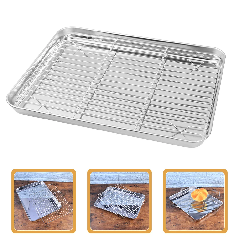 

2 Pieces Set Rectangular Stainless Steel Baking Pan with Removable Cooling Rack Oven Safe Cookie Sheet Tray for Baking Cooking