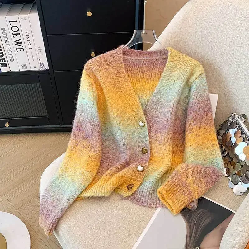 

Spring and Autumn New Fashion Slim Jacket Knitted Sweater Women's Color Block Gradient Waist Cardigan Top JJ270