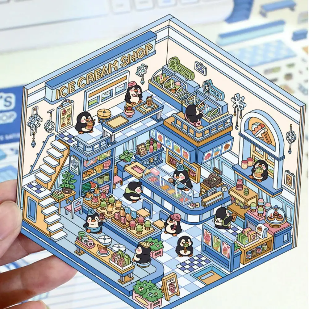 

4 Sets 3D Scene Stickers Adjustable DIY Cat Cafe House Stickers Stress Relief Entertainment Decals Cabin Scene Stacking Pasting