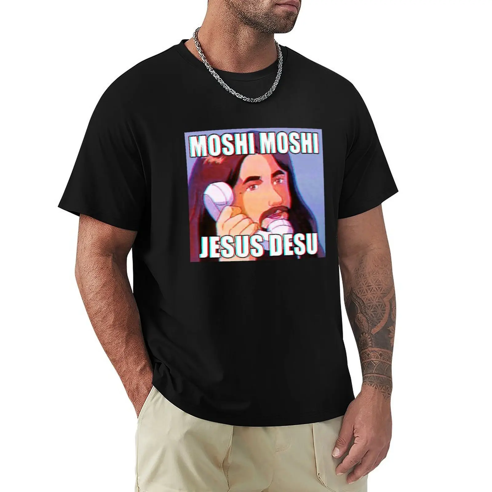 

MOSHI MOSHI, JESUS DESU T-Shirt luxury t-shirt oversizeds Funny t-shirt men workout shirt