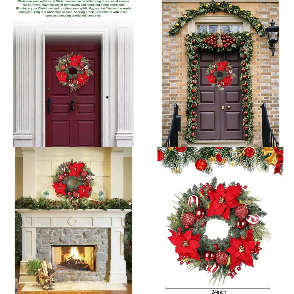 

24 искусственных праздничных венок с кипарисом, праздничными цветами, красными ягодами и атмосферными шарами для использования в помещении и на открытом воздухе