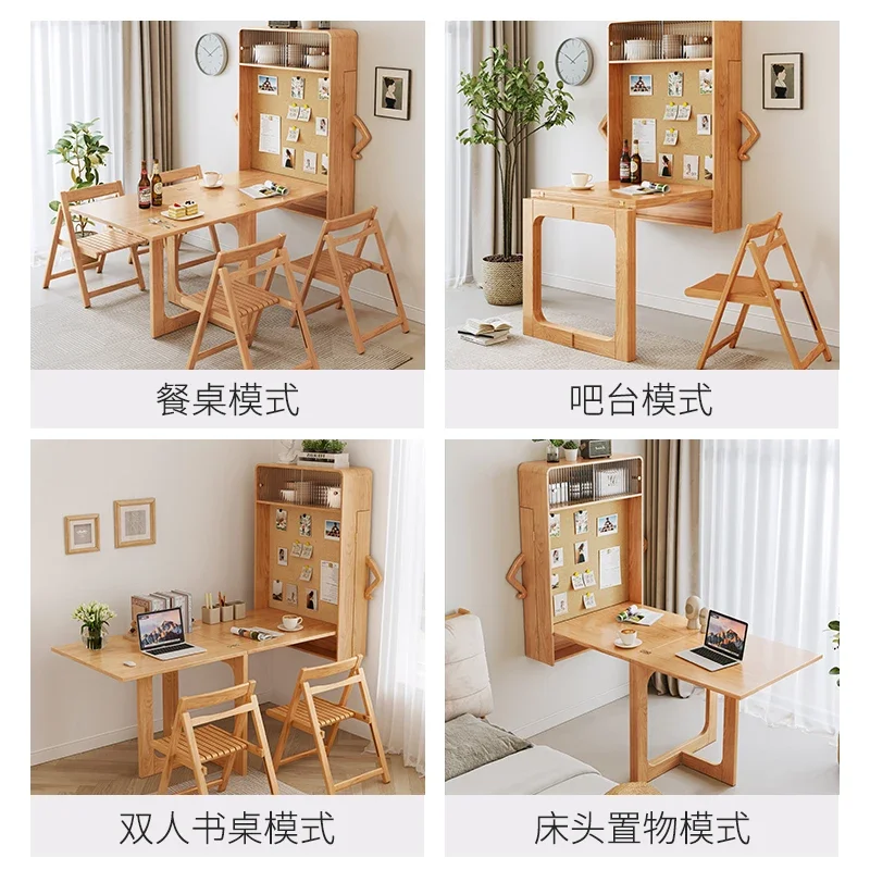 

hanging telescopic folding dining table and chair combination, household solid wood dining table and side cabinet integrated