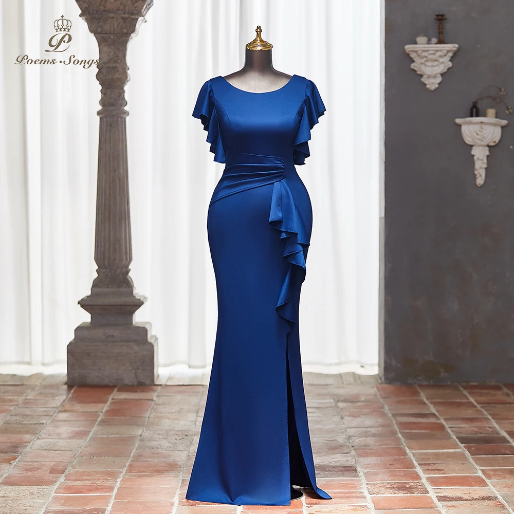 Chic Navy Blue Long Dress with Flowing Ruffled Sleeves and Elegant Side Slit for Formal Events and Parties vestidos de noche