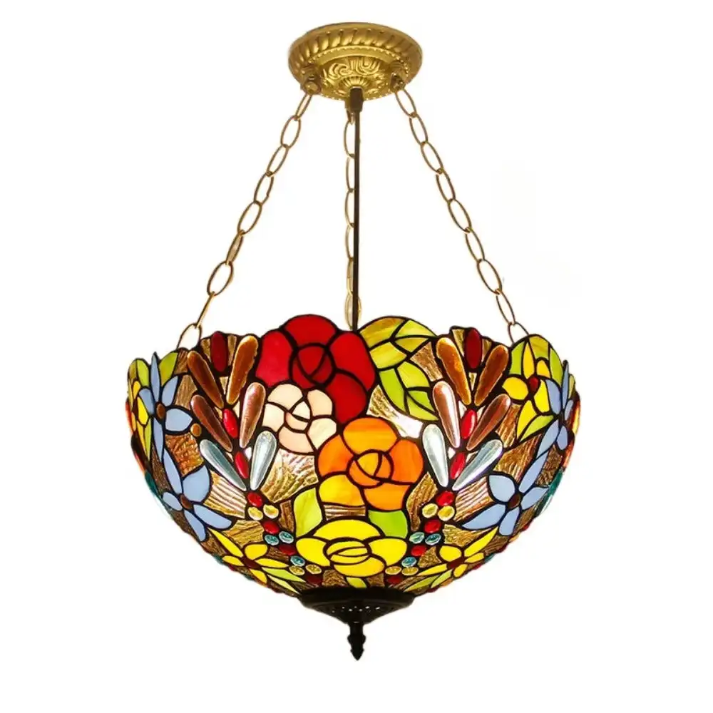 

16inch Tiffany Stained Glass Rose Floral Anti-chandelier Pendant Light for Living Room Stairway Foyer Entryway Hallway