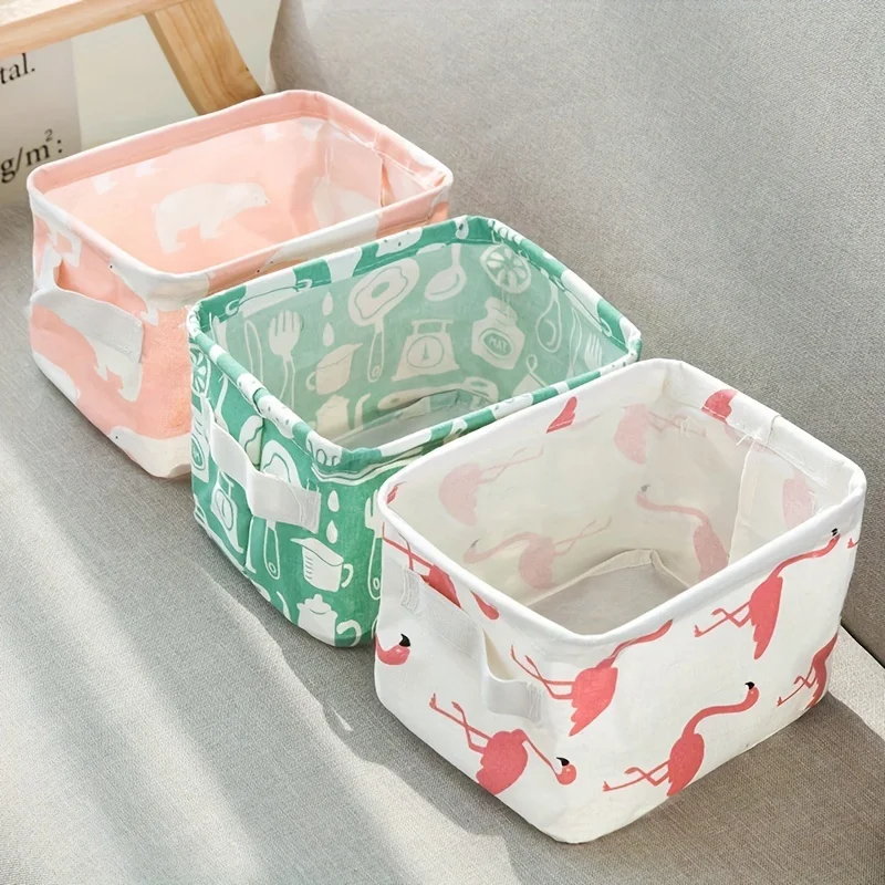 1pc Desktop Storage Box, Collapsible Cotton Linen Open Storage Basket, Washable With Handle, Laundry Organizer