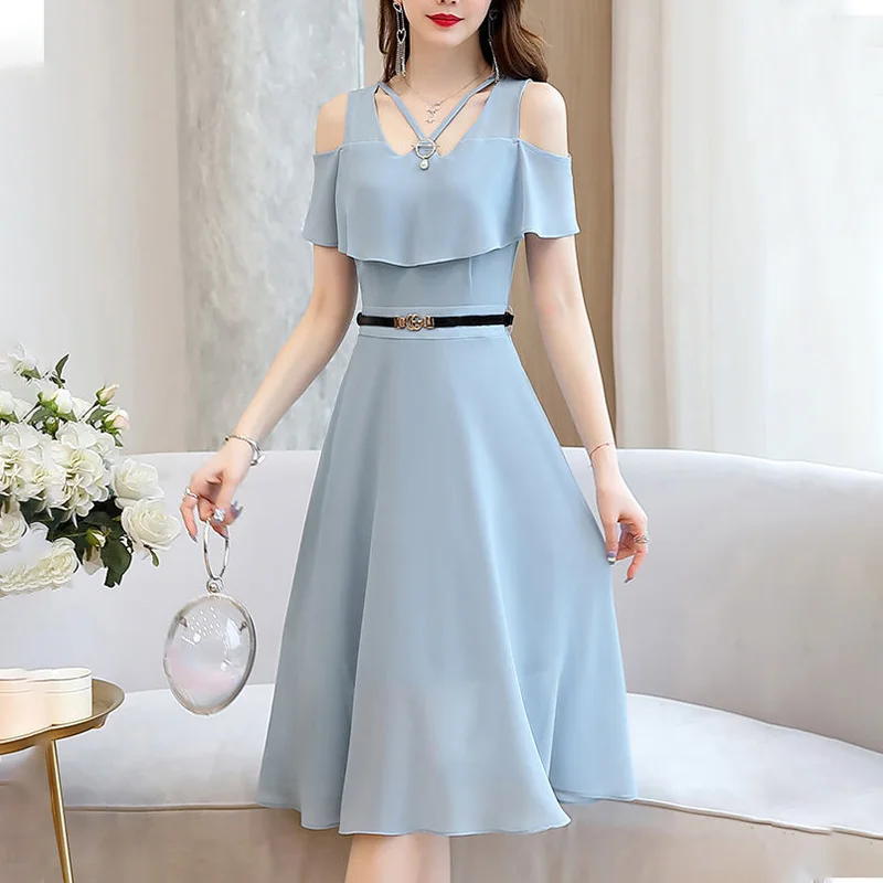 Elegant Fashion O-neck Off Shoulder Black Empire A-LINE Skirt Gift Belt Summer New Solid Color Dress Comfortable Women Clothing