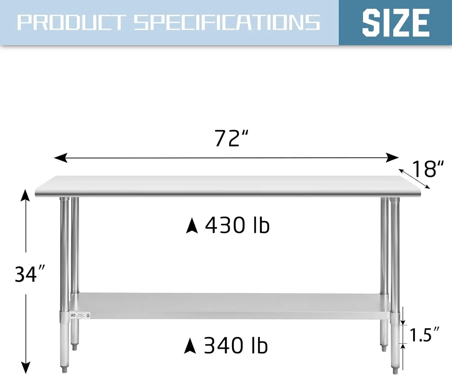 Table for Prep & Work 18 x 72 Inches, NSF Commercial Heavy Duty Table with Undershelf and Galvanized Legs