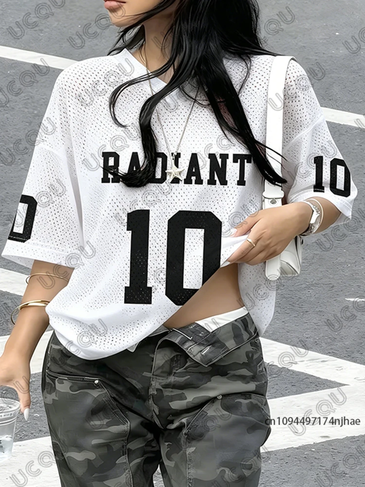 Oversized T-shirt For Women V-Neck Summer Radiant No.10 Print Short Sleeve Sports Tops Football Jersey Y2k Loose Casual Tees