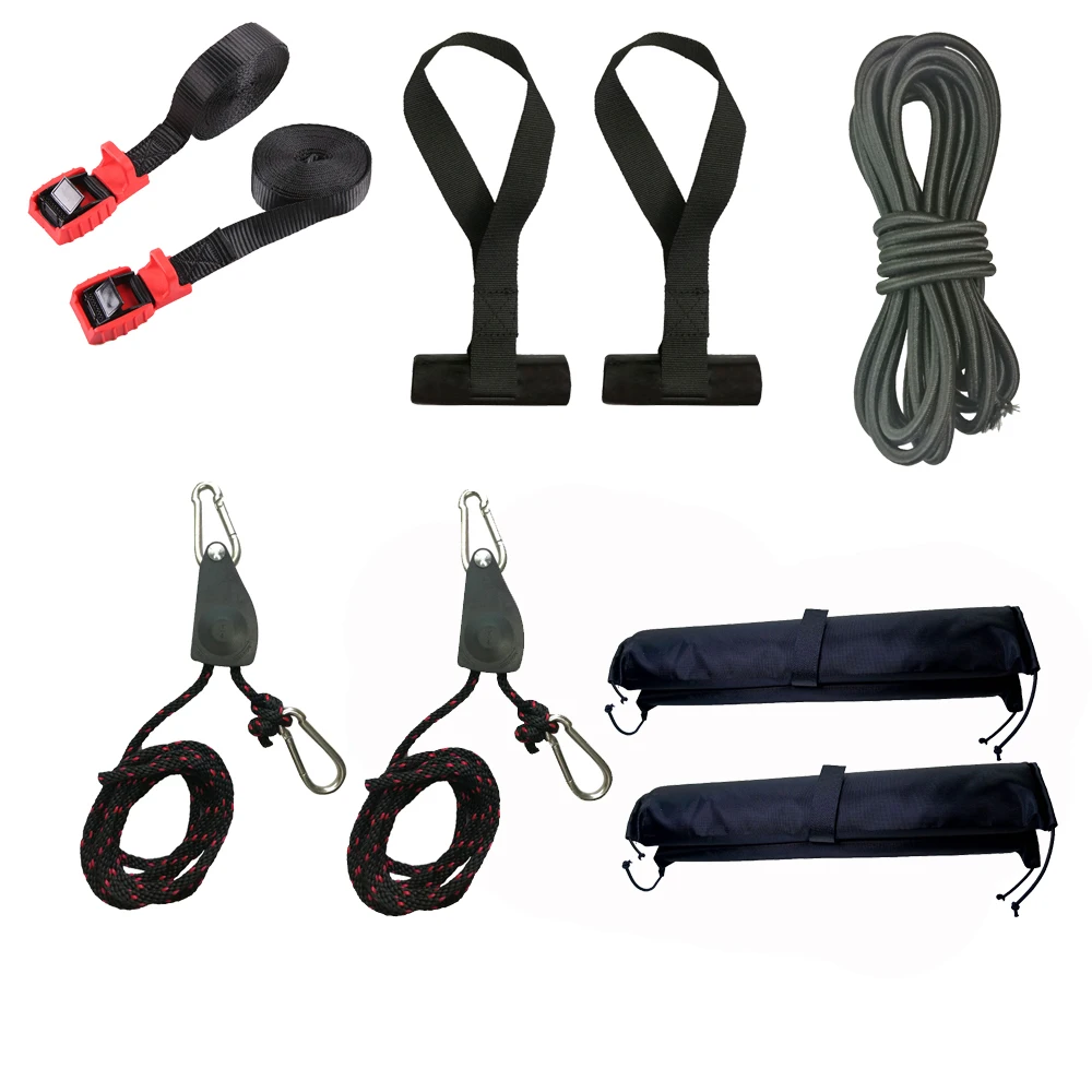 Kayak Canoe Vehicle Tie Down Set Transporting Kit Cam Buckle Bow and Stern Ratchet Strap Hook Pulley Trunk Loops Hood Roof Rack