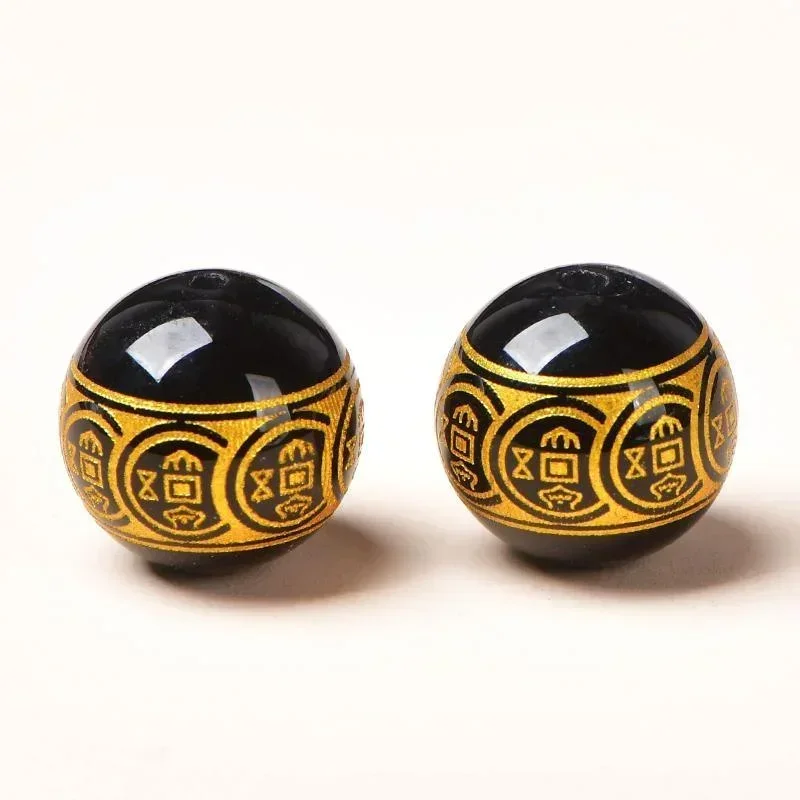 New Style Black Agate Gilding Lettering Money Rolling Coin Round Beads DIY Jewelry Accessories Spacer Hand