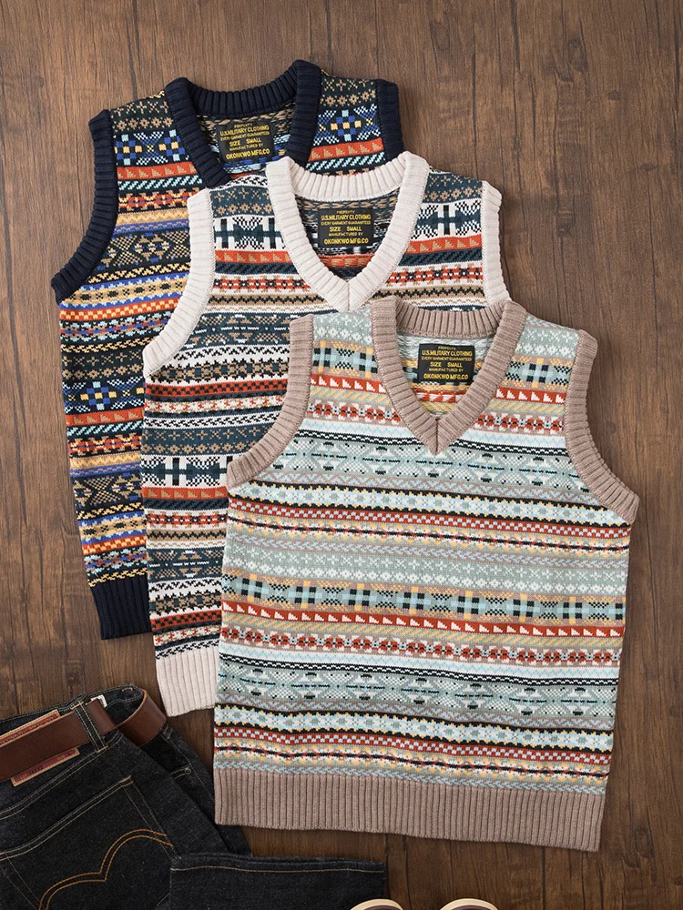 Retro American Fair Isle Pattern Knitted Wool Sweater Vest Men's British Style V-Neck Pullover Thick Autumn Fashion City