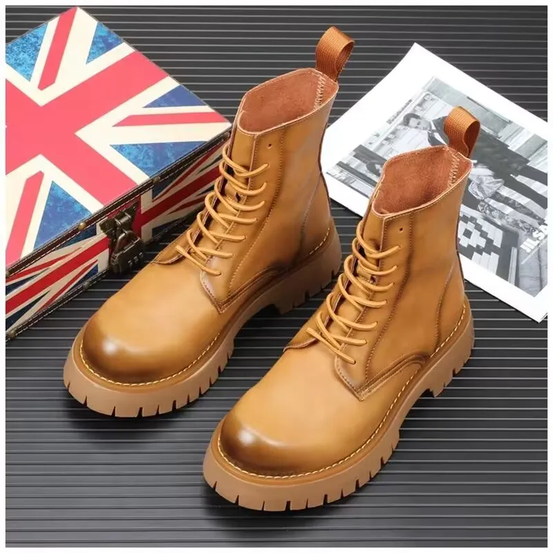 

England style men boots lace-up genuine leather shoes party nightclub dress cowboy platform boot high motorcycle botas zapatos