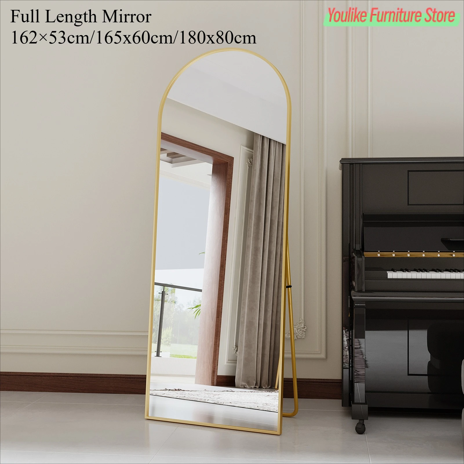 Comanlai miroir pleine longueur à cadre incurvé 162 × 53 cm/165x60 cm/180x80 cm miroir sur pied doré miroir de sol miroir complet du corps