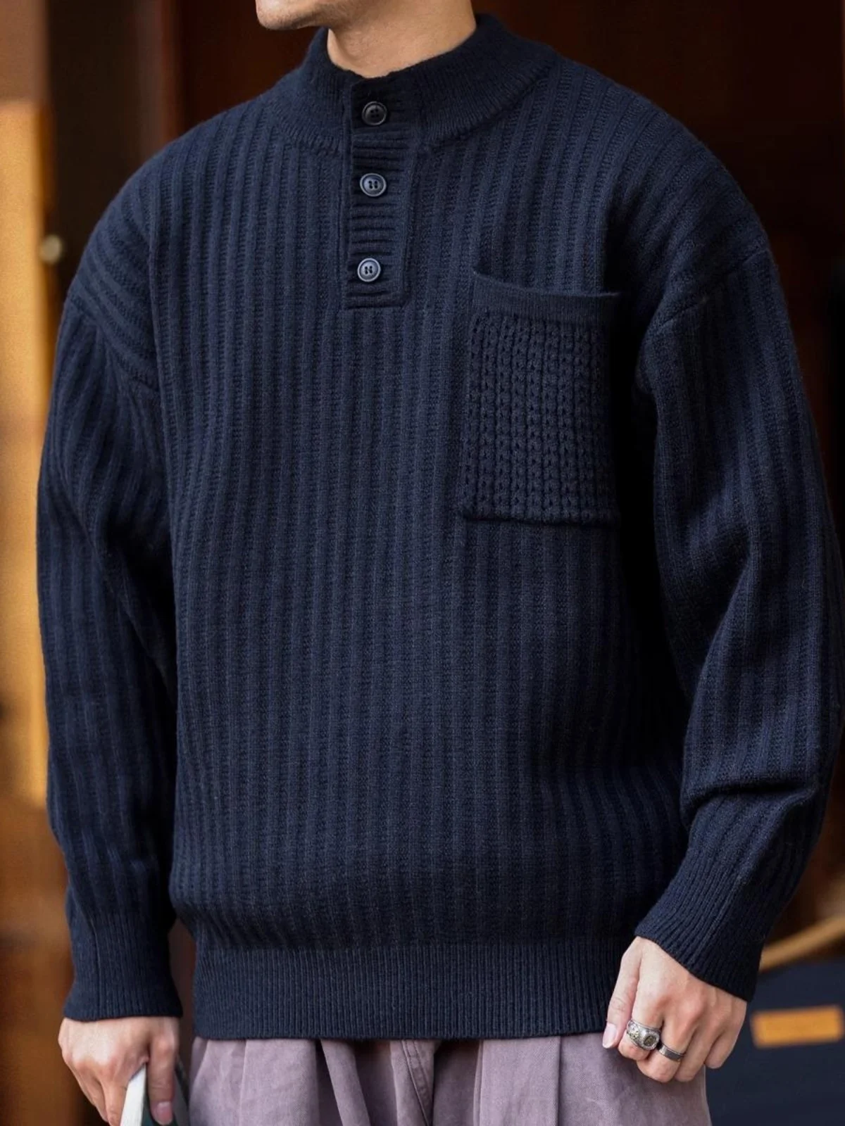 

Extra Large Heavyweight Henry Collar Men's Knitwear Casual Loose Base Layer irt Lazy Sle Autumn Winter Leisure Knitted Sw...