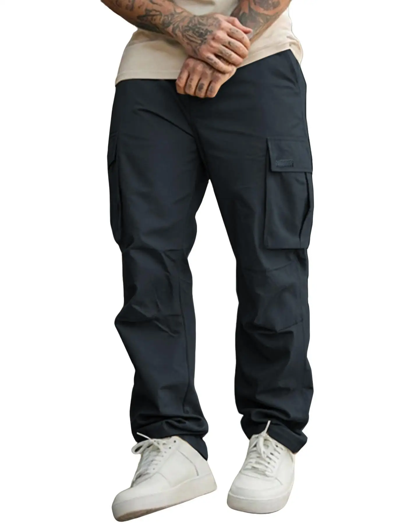 Herren Einfarbige Cargohose Regular Fit Lässige Gerade Hose mit Pattentaschen und Kordelzug für den Alltag – Detail 26