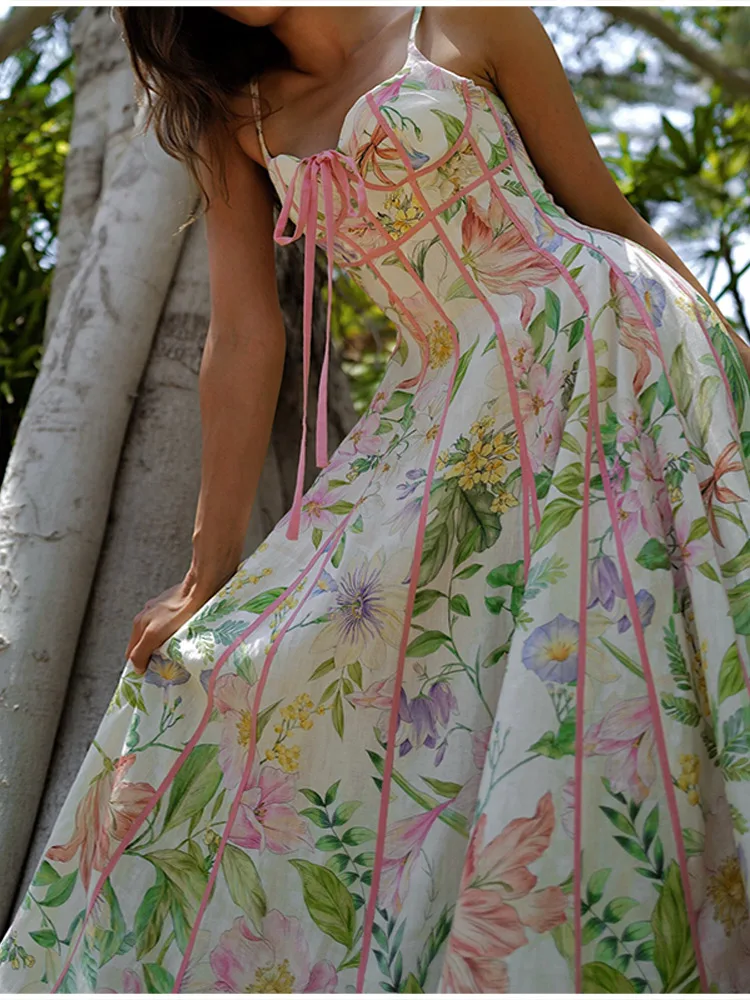 2026 Neues Boho Blumenmuster Neckholder Maxikleid für Damen Korsett-Bustier Rosa Besatz A-Linie Fließendes Sommer-Urlaubskleid für den Strand – Detail 6