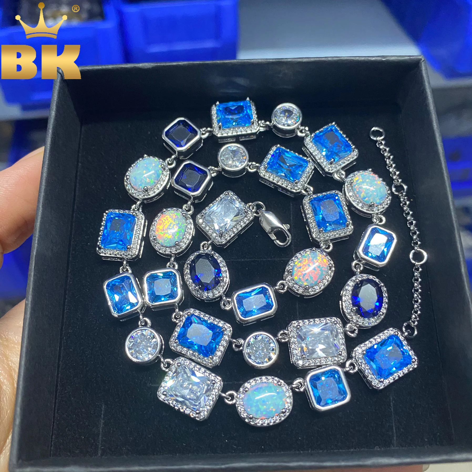 

THE BLING KING Iced Out Multicolor Blue Pink Gem Stone Opal Necklace Enamel Cross Chain Big Gemstone Bracelet HipHop Jewelry