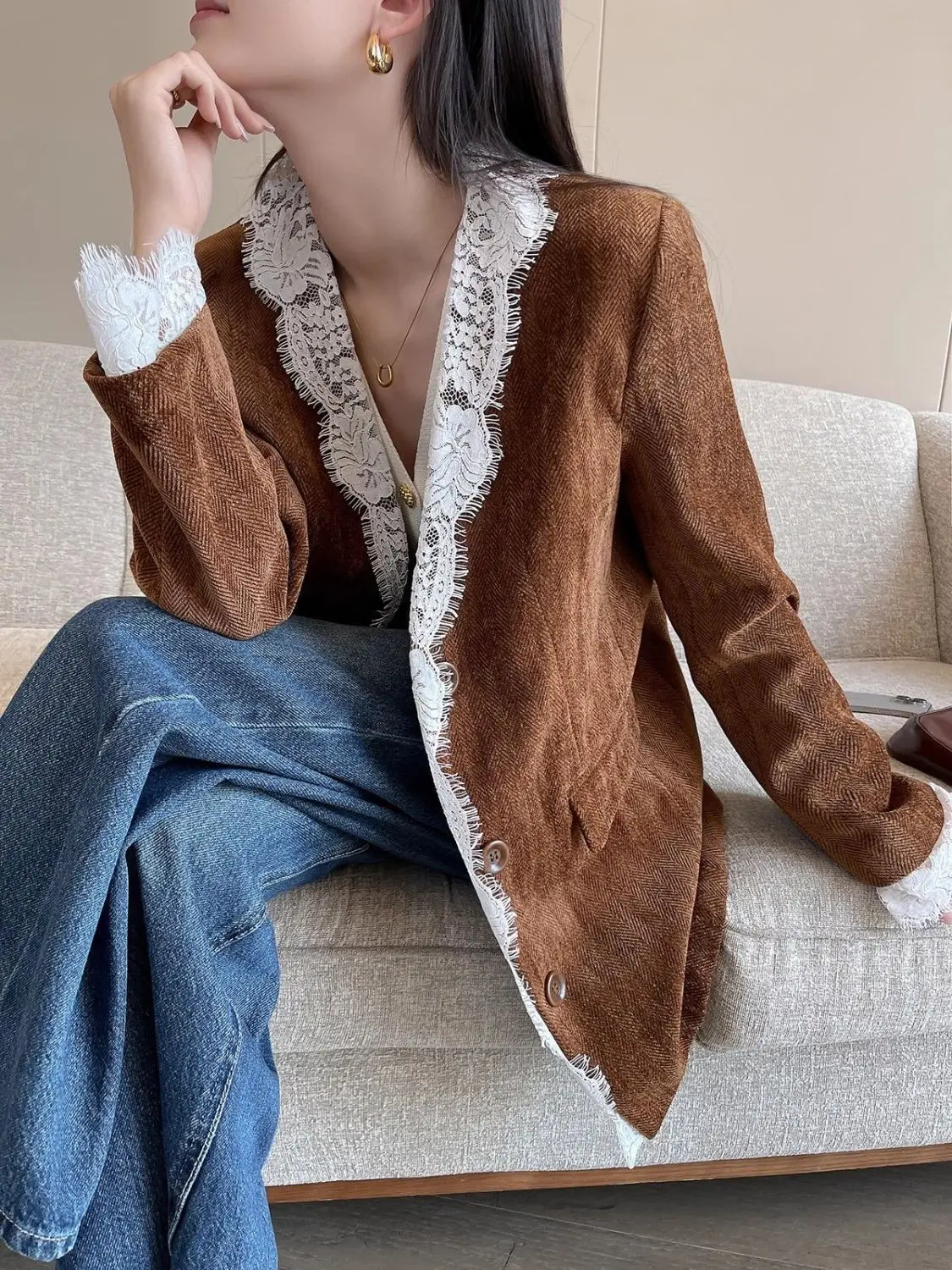 Women Spring Autumn New Suit Coat Lace Splicing Suit Style Casual Loose Coat Top