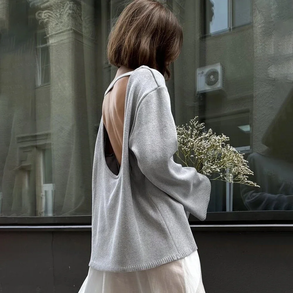 Tuularose mulheres blusas casuais moda solta sexy sem costas malha pulôver topo sólido streetwear commuter malhas feminino outwear