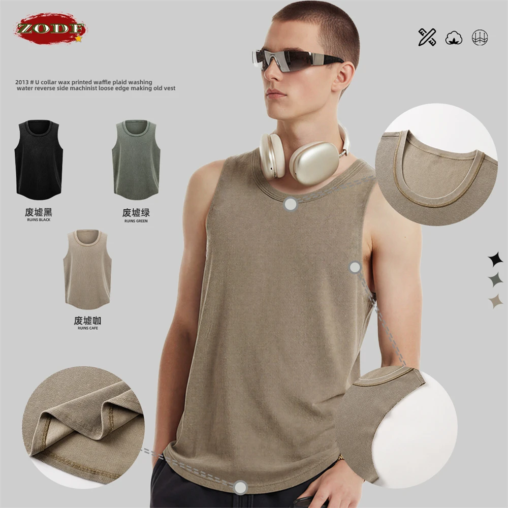 

Мужские и унисекс-майки ZODF Retro 2026 из вафельной ткани 325 г/м² с эффектом потертости, однотонные, с U-образным вырезом, летние жилеты, брендовые топы HY1227