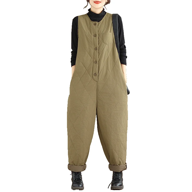 Retro thiened algodão para baixo calças femininas soltas casuais outerwear inverno workwear macacão confortável l cintura calças compridas