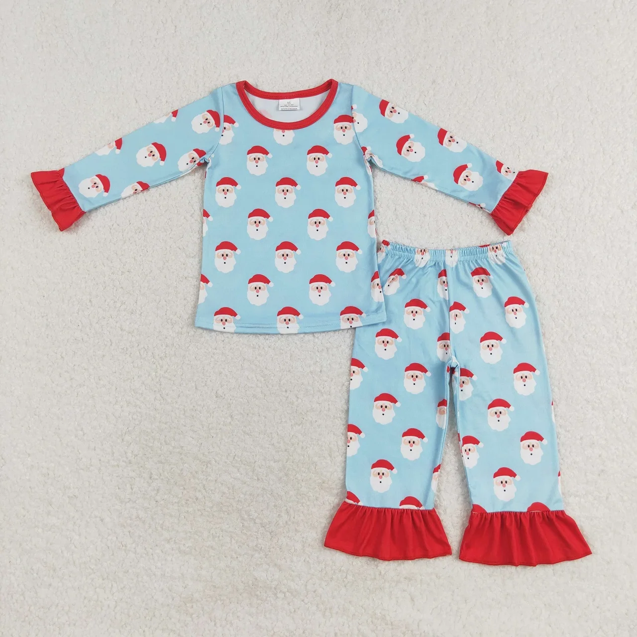 Wholesale Children Christmas Santa Set Long Sleeves Blue Shirt Pocket Pants Baby Boy Girl Sleepwear Pajamas Kids Toddler Outfit